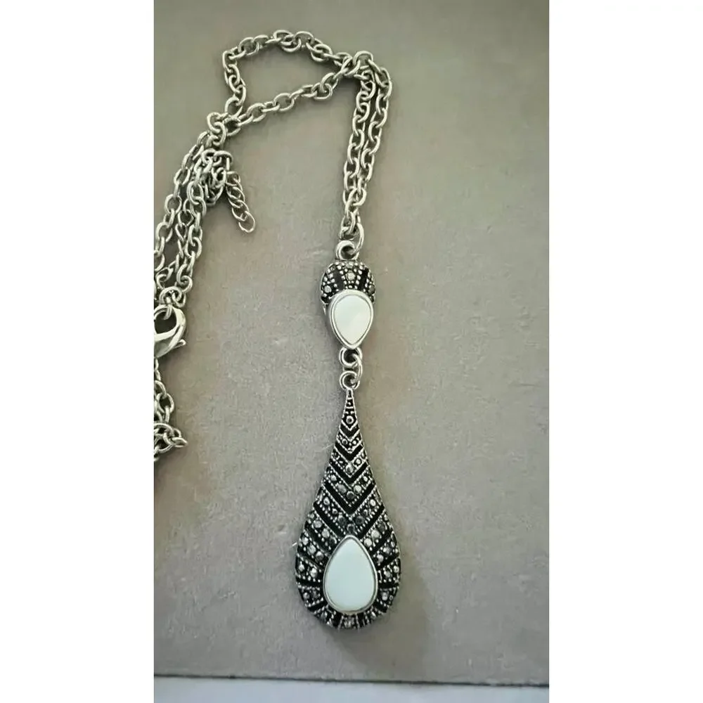 Vintage Style 16” Marcasite and Mother of Pearl Teardrop Pendant Necklace